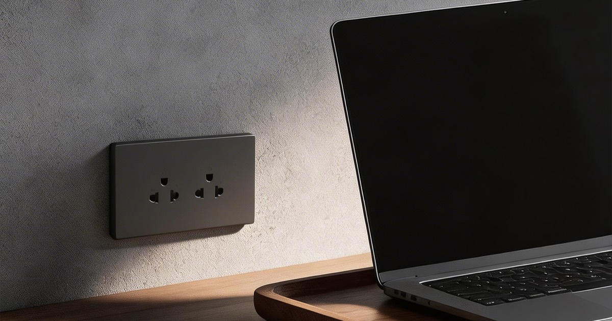 Black MG37 socket beside a laptop